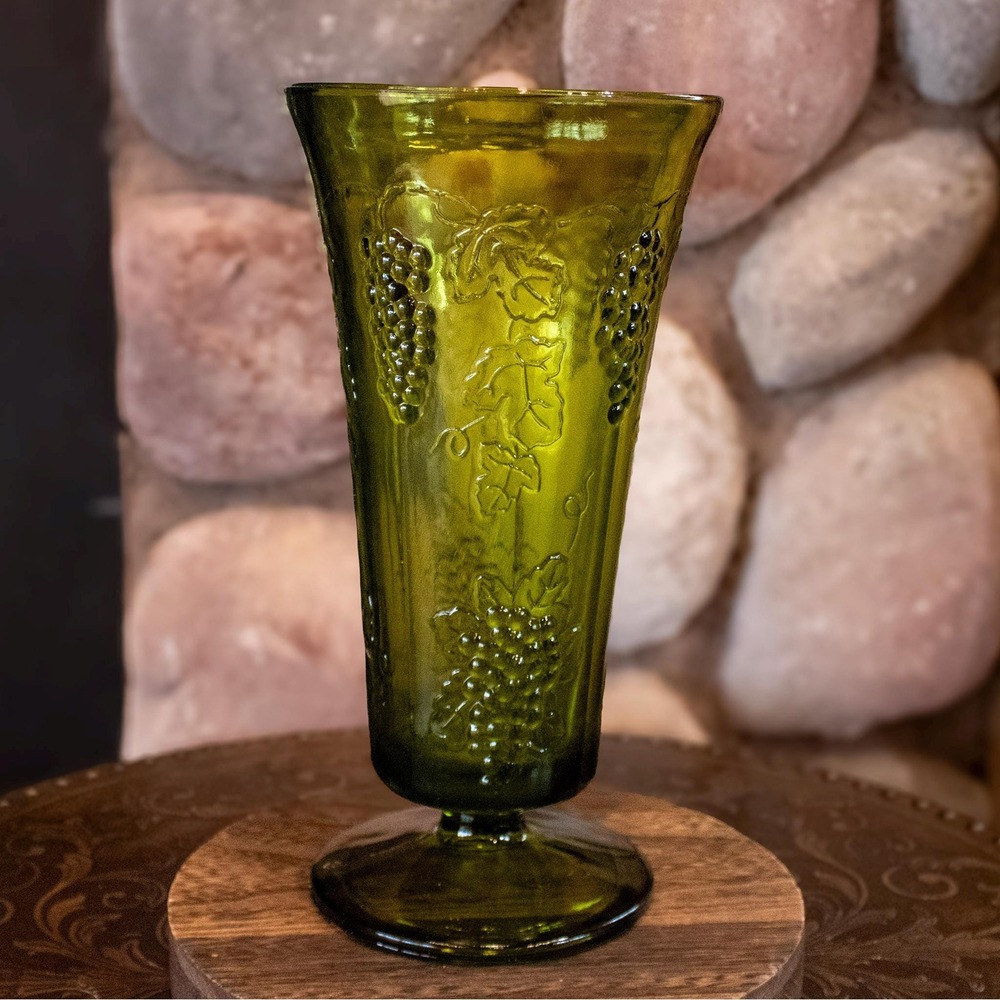 Indiana Glass Colony Harvest Vase | Avocado Green Grape Pedestal Glassware
